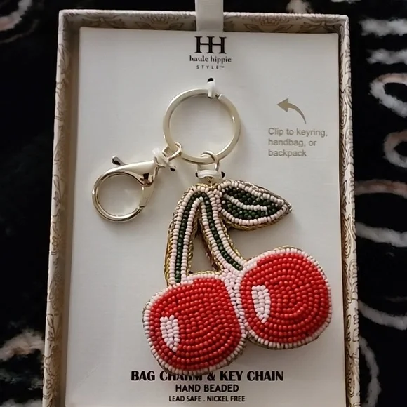 Haute Hippie Cherry Beaded Keychain/ Bag Charm NWT 🍒✨️🍒✨️ - Picture 5 of 7
